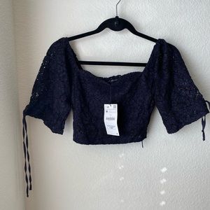 Zara Navy lace Baby Doll crop top